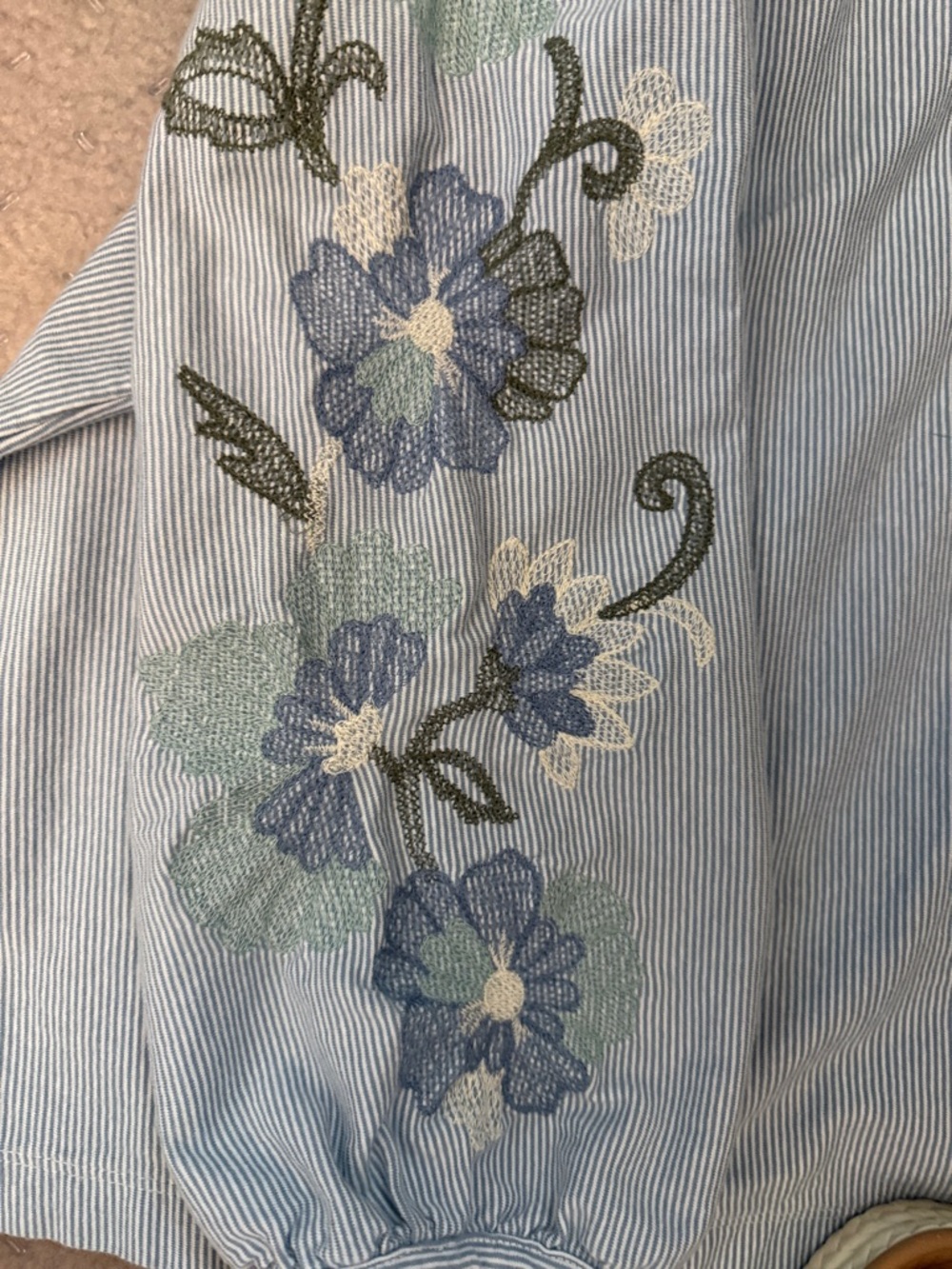 JJILL Embroidered Light Blue Striped V-Neck Blouse - Picture 5 of 6